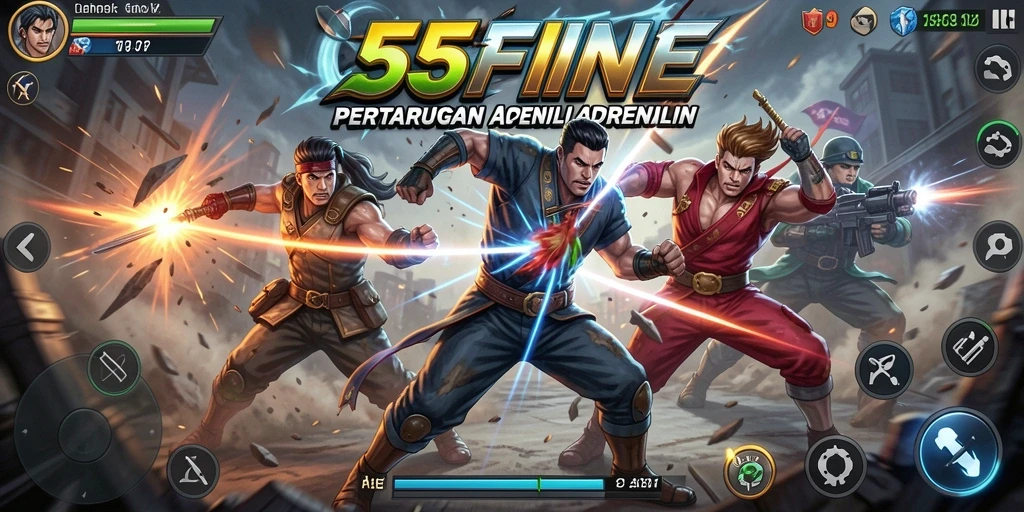 Tangkapan layar gameplay 55FIVE menampilkan pertarungan aksi yang menarik.