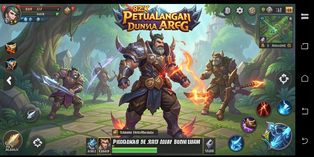 Screenshot gameplay 8ZK menunjukkan pertempuran epik di dunia fantasi.