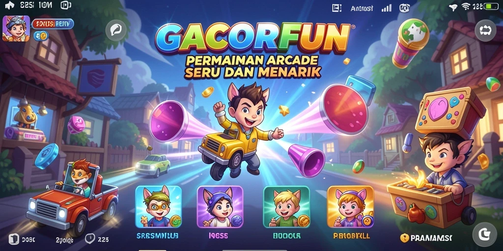Screenshot utama GACORFUN menunjukkan gameplay yang penuh aksi dan tombol kontrol yang sederhana.