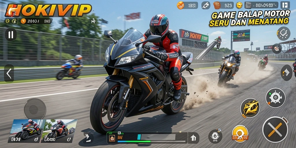 Gameplay HOKIVIP menampilkan balapan motor yang seru di berbagai trek menarik.