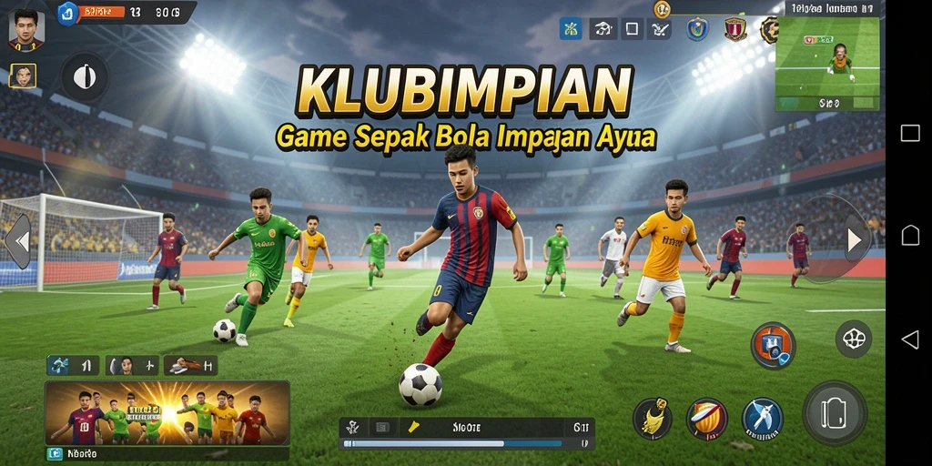 Tangkapan layar gameplay KLUBIMPIAN yang menunjukkan aksi sepak bola intens.