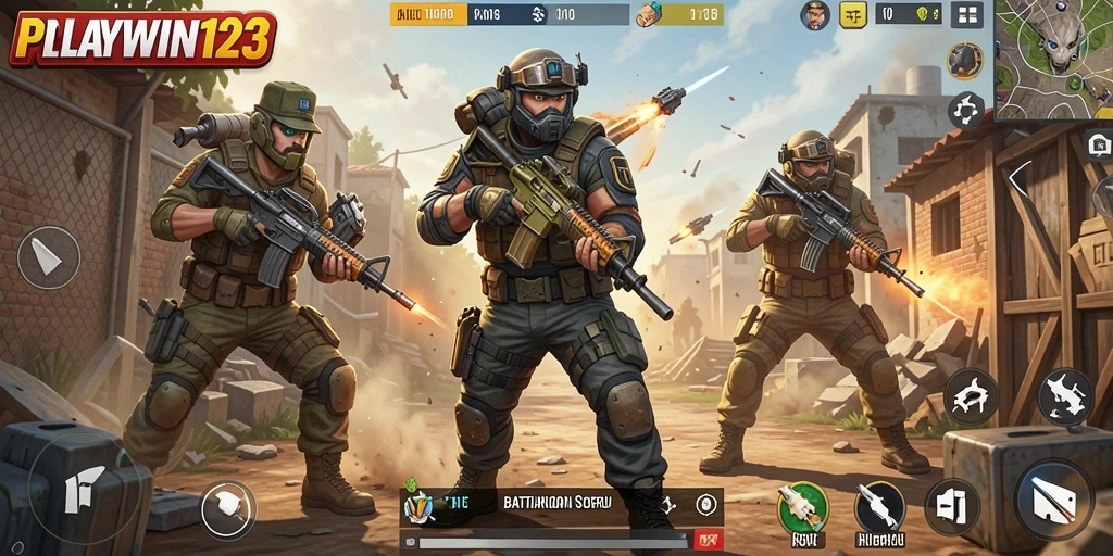 Tampilan gameplay seru dalam PLAYWIN123 saat bertarung di Battle Royale.