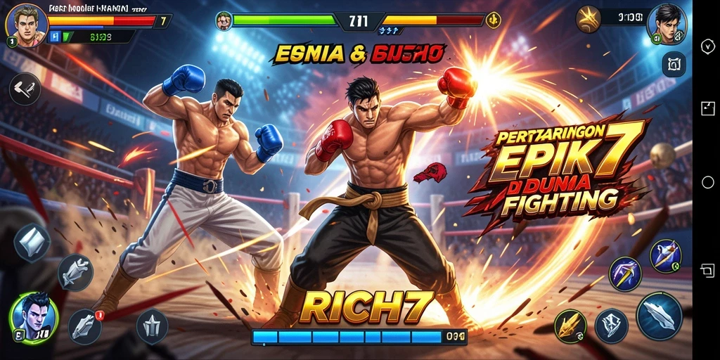 Tampilan gameplay RICH7 dengan pertarungan karakter yang epik.